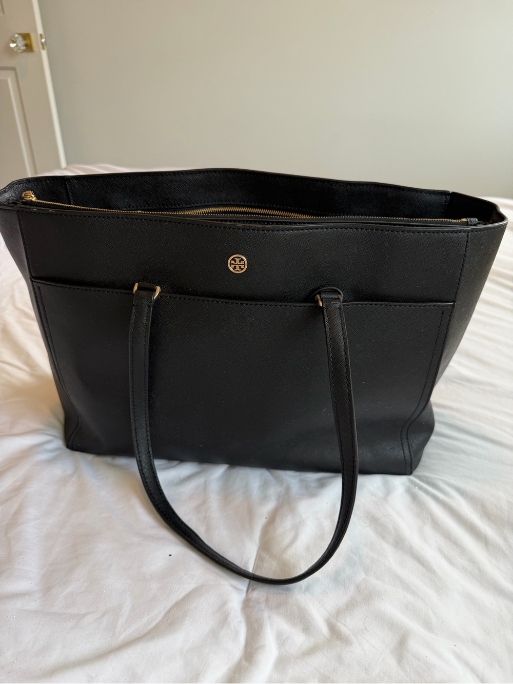 Tory Burch Black Saffiano Leather Tote with Gold Logo